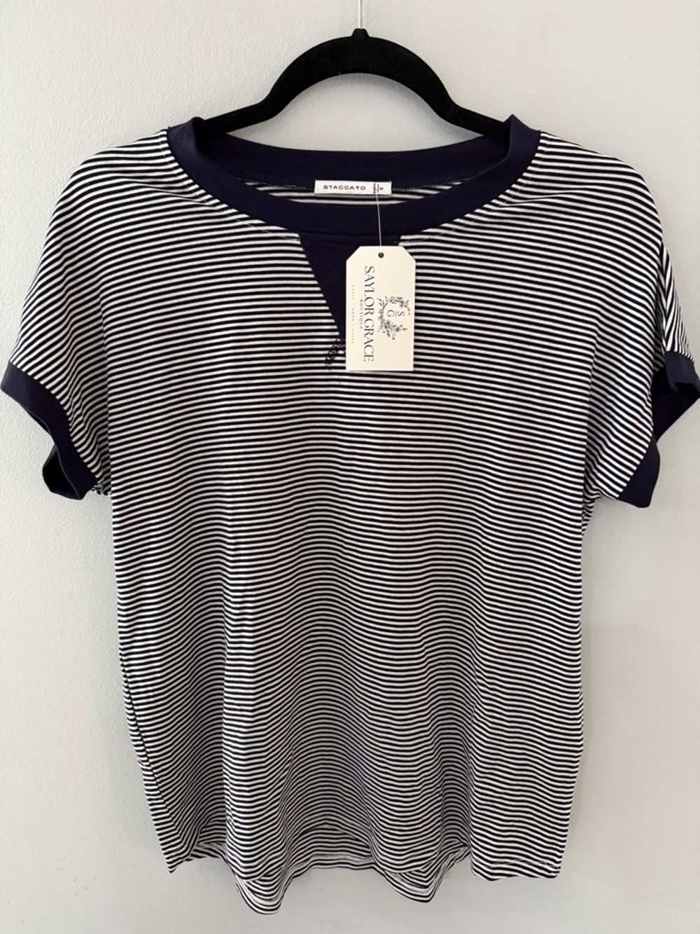 Staccato Navy & White Narrow Stripe Short Sleeve Tee with Navy Trim